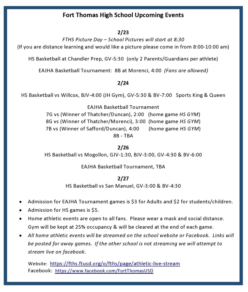 FTHS: Weekly Events Update for 2/23-27/2021