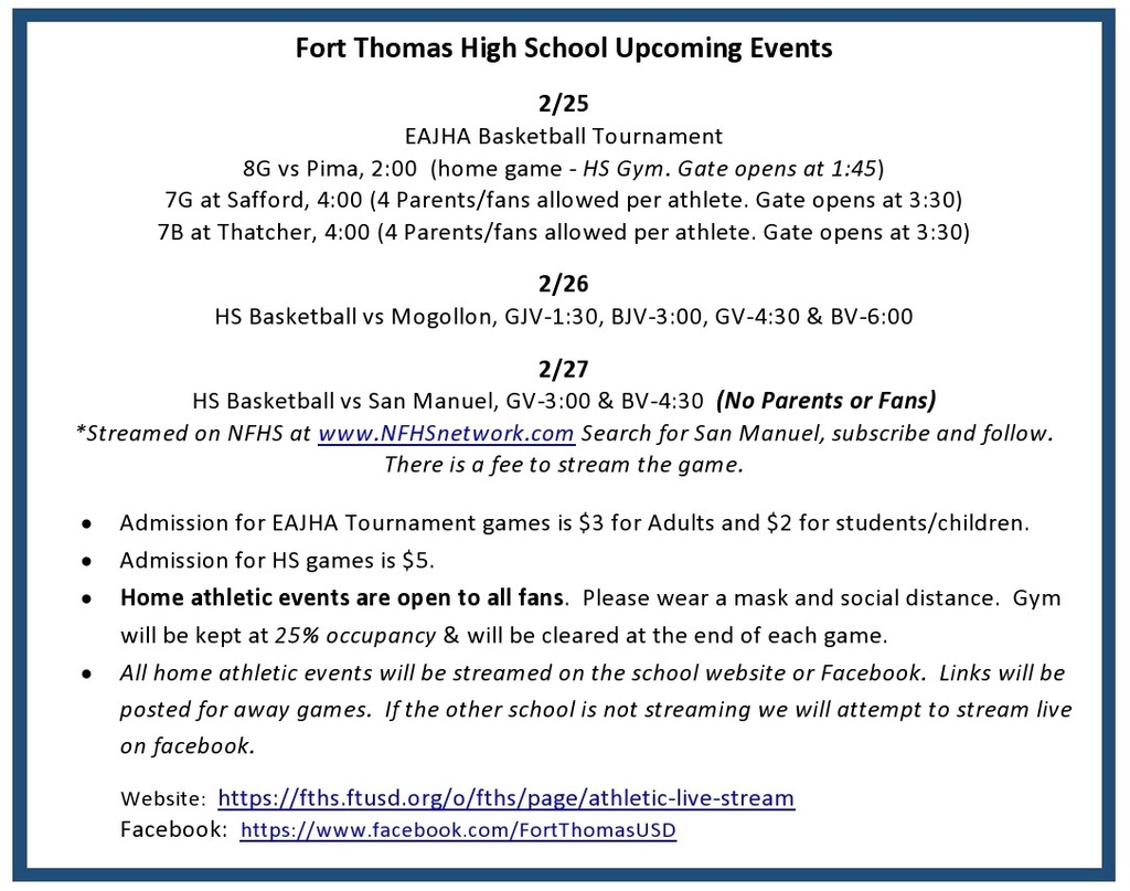 FTHS: Athletic Events for 2/25-27/2021