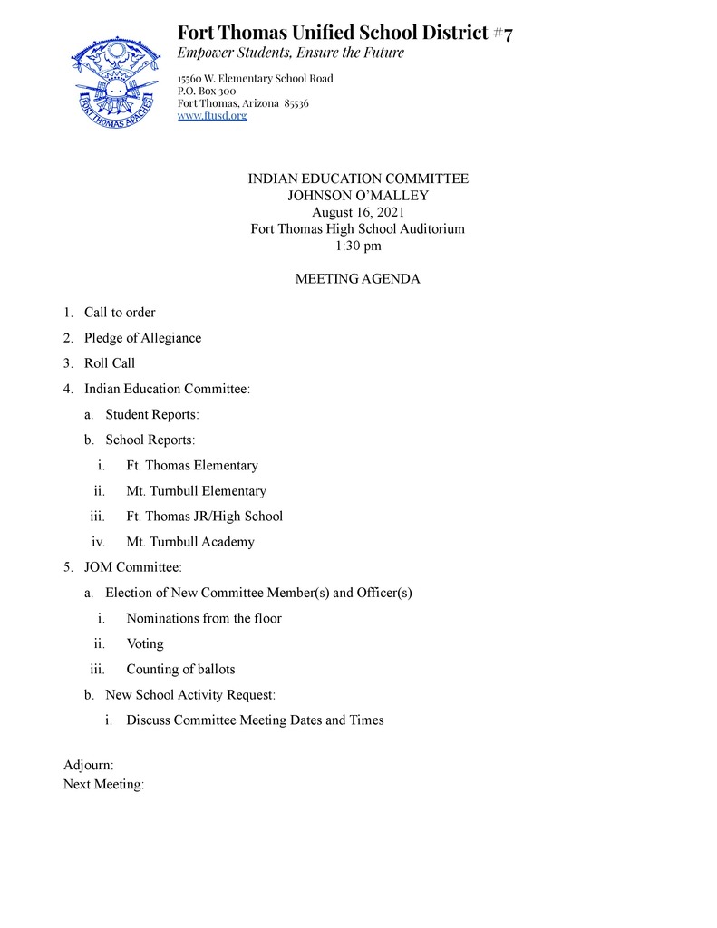 2021_08_16 Indian Education Committee & Johnson O'Malley Meeting Agenda