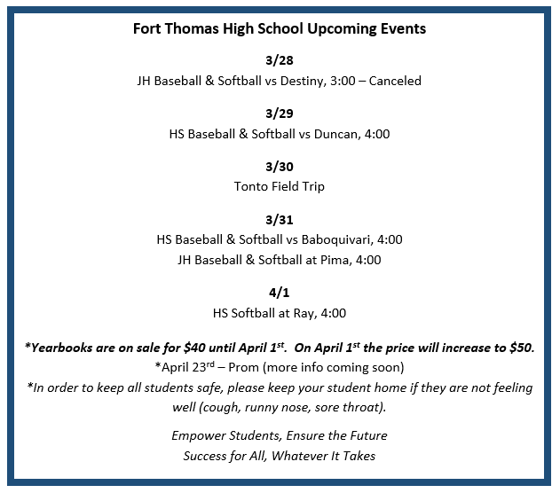 FTHS:  Events for 3/28 - 4/2/2022