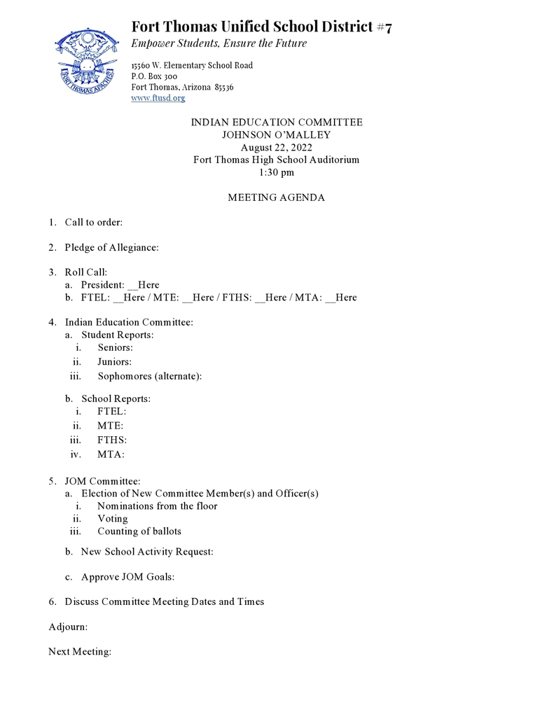 2022_08_22 Agenda Indian Ed Committee/JOM Meeting