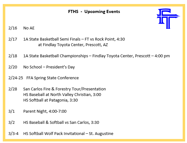 FTHS:  Events for 2/16-3/4