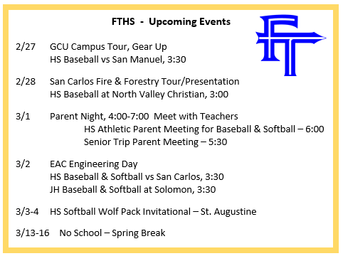 FTHS Updated Events for week of 2/27/2023